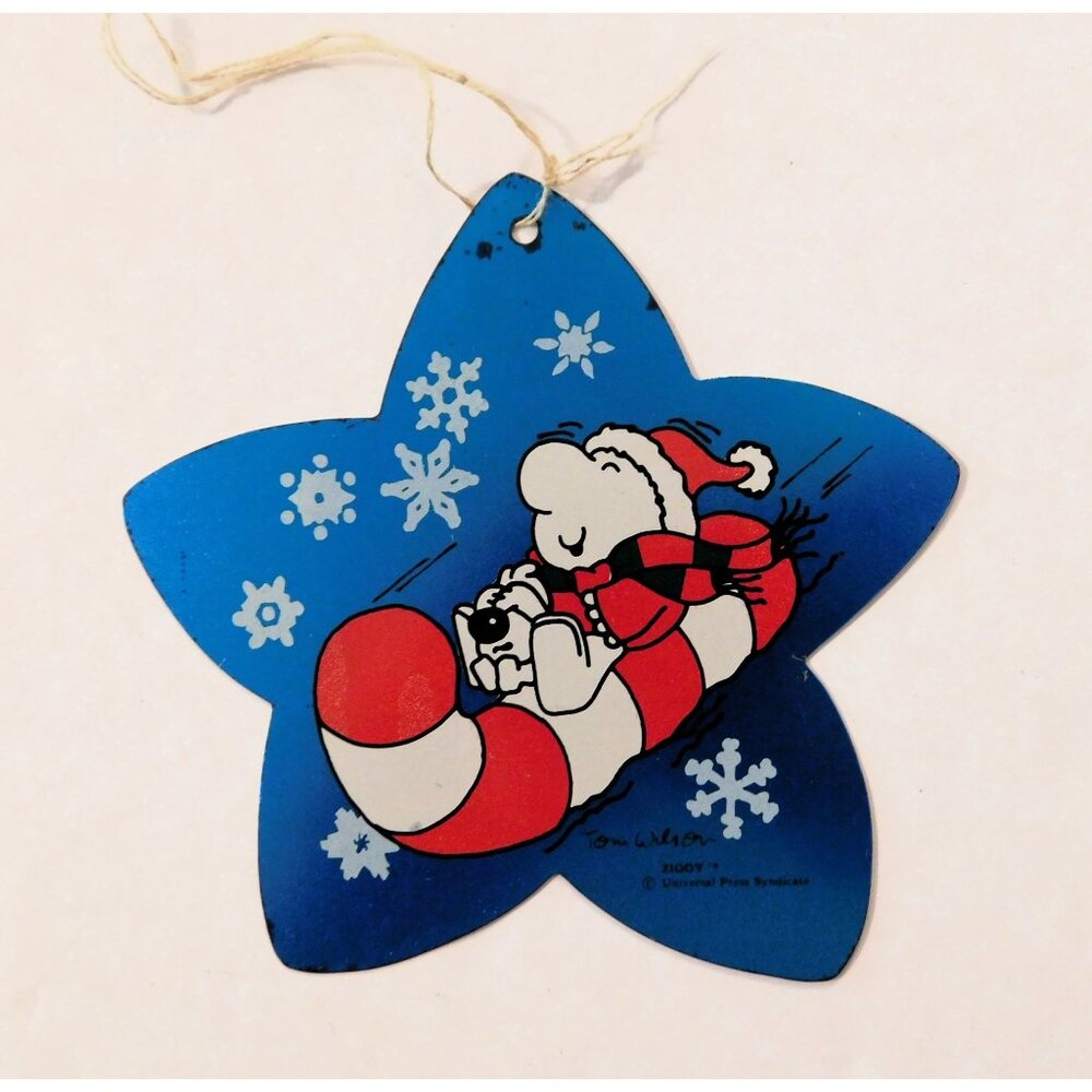 Vintage Ziggy Star Christmas Ornament Blue Metal Candy Cane Sled Tom Wilson
